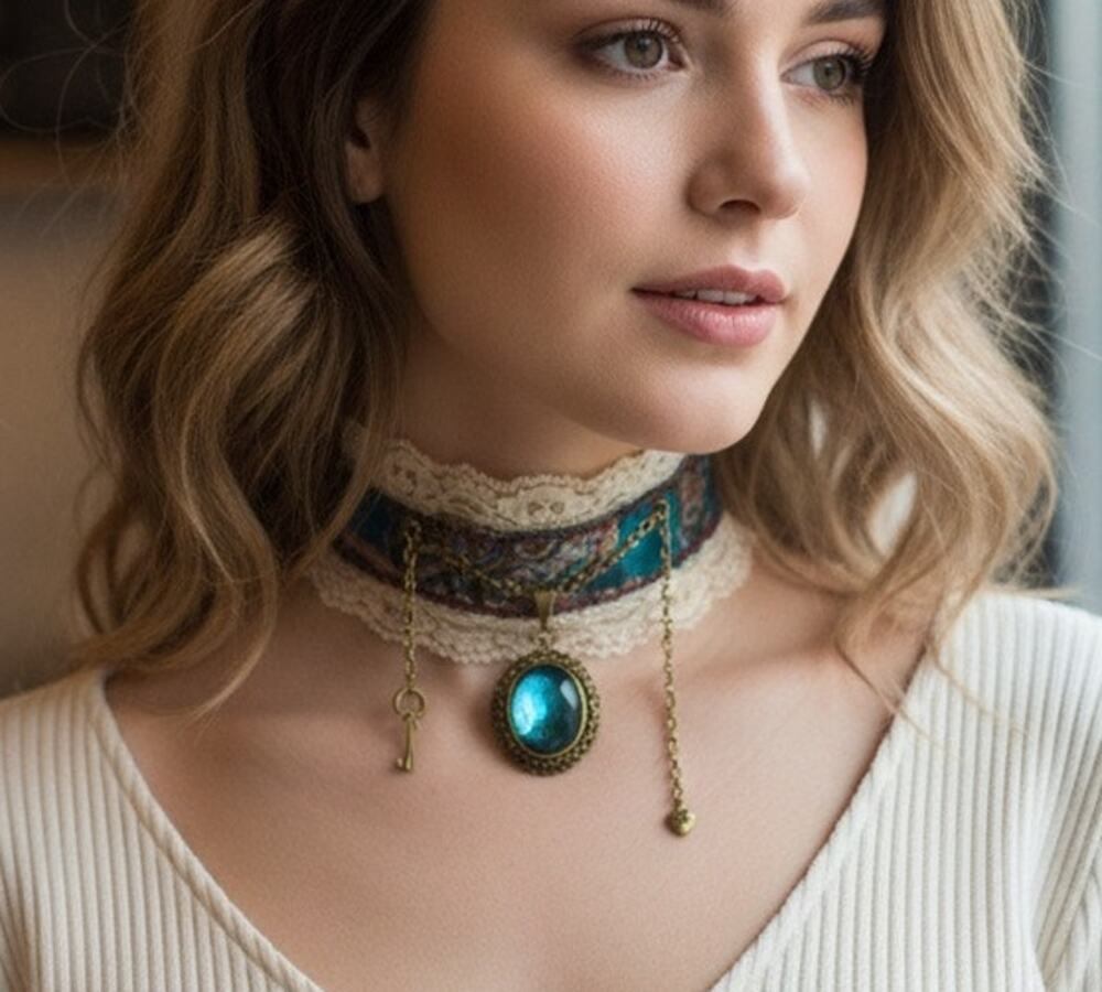 Handmade Upcycled Victorian Steampunk Choker w/ Skeleton Key & Faux Blue Gem